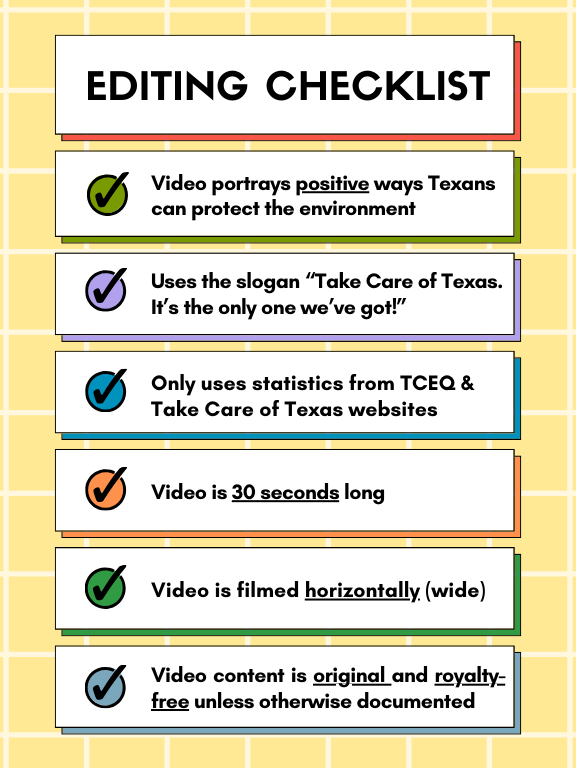 Editing checklist for video contest requirements. 